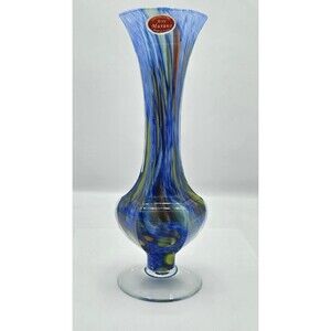 Murano Lavorazione Arte Italy Multicolor Blue/Yellow/Orange Hexagon Shape Vase